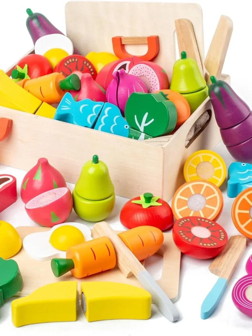 Wooden Cutting Fruits Veggies Toy, Montessori Toddler Pretend Play Set(1 Pack)